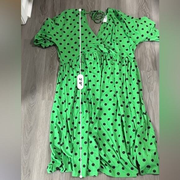 ASOS Design Green & Black Polka Dot Print 3/4 Sleeve Faux Wrap Midi Dress Sz 14 - Picture 9 of 9